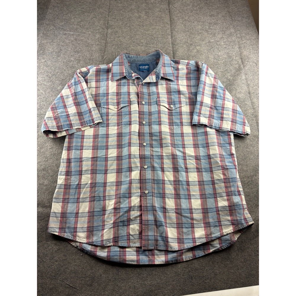 Wrangler Western Shirt Mens XL? Blue Red Plaid Pearl Snap Short Sleeve Button Up